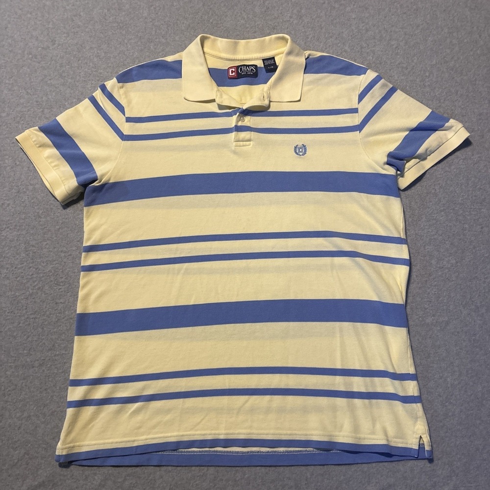 Chaps Men's Polo Shirt Short Sleeve Sz L Yellow/ Blue Striped Very Good Cond.